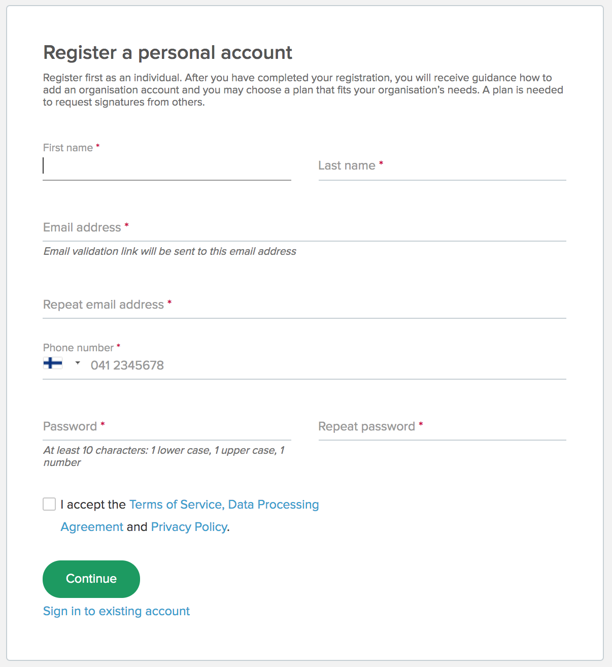 Empty registration form