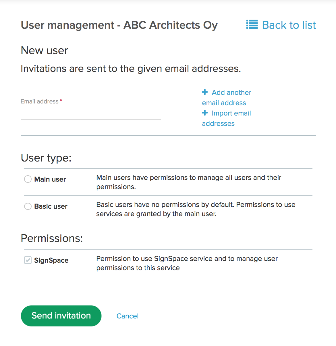 New user invitation form
