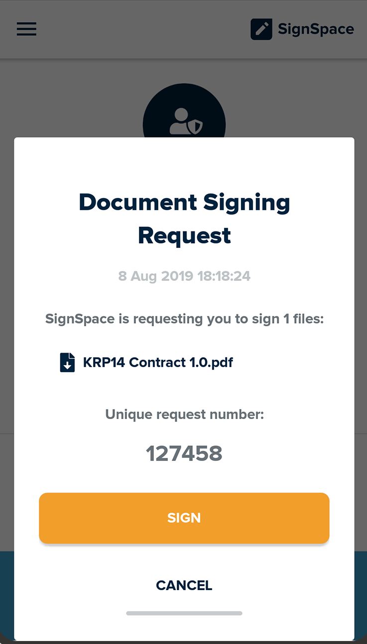 Signing request on SignSpace Key app